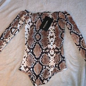 Snakeskin off the shoulder bodysuit
